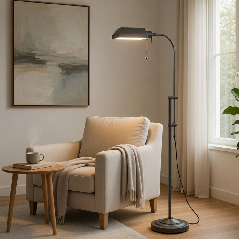 Lampe sur pied à arc avec chaîne de traction, mât réglable de 42 à 58 po, métal gris