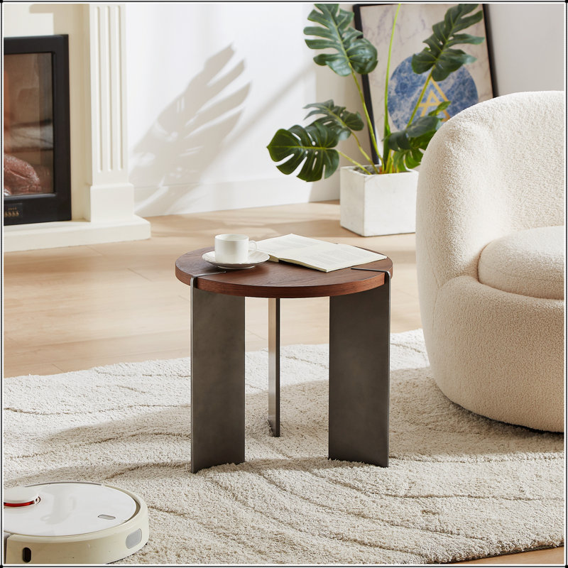 Table basse ronde en bois de noyer et pieds en métal, Brun