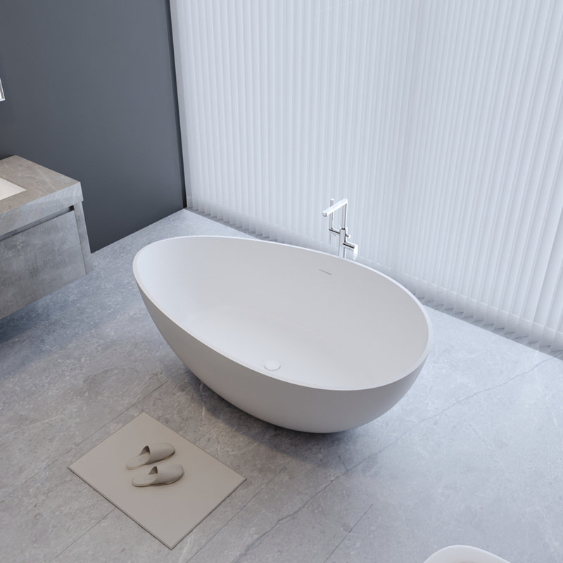 Baignoire autoportante de 63 po à surface solide, baignoire de trempage autoportante en résine d'ingénierie de luxe avec trop-plein et bonde escamotable