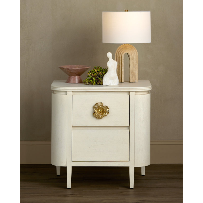Briallen 2 - Drawer Solid Wood Nightstand, Cerused White, Brass