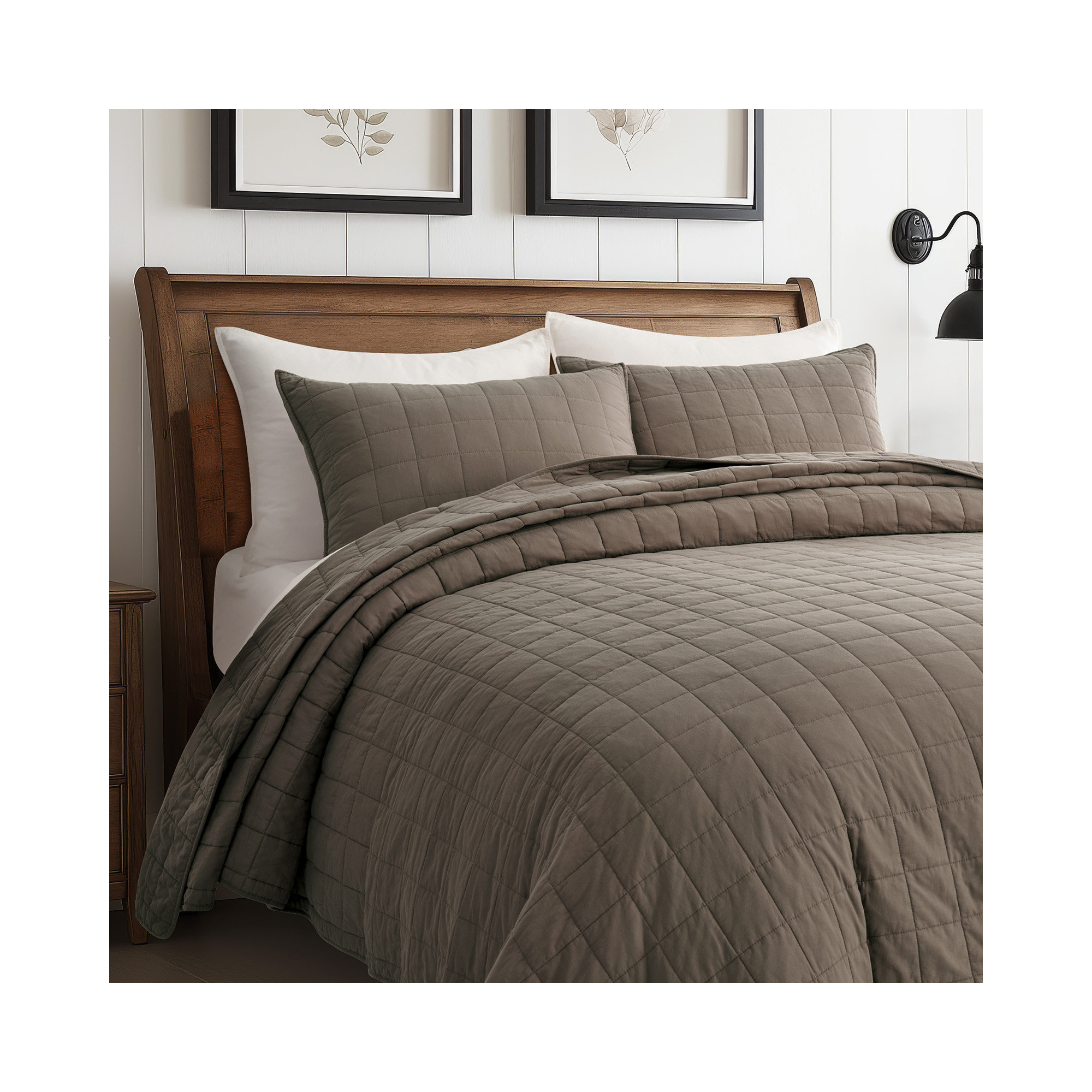 100% Cotton Box Stitch Quilt Set, Mocha Brown, Queen Quilt + 2 Queen Shams