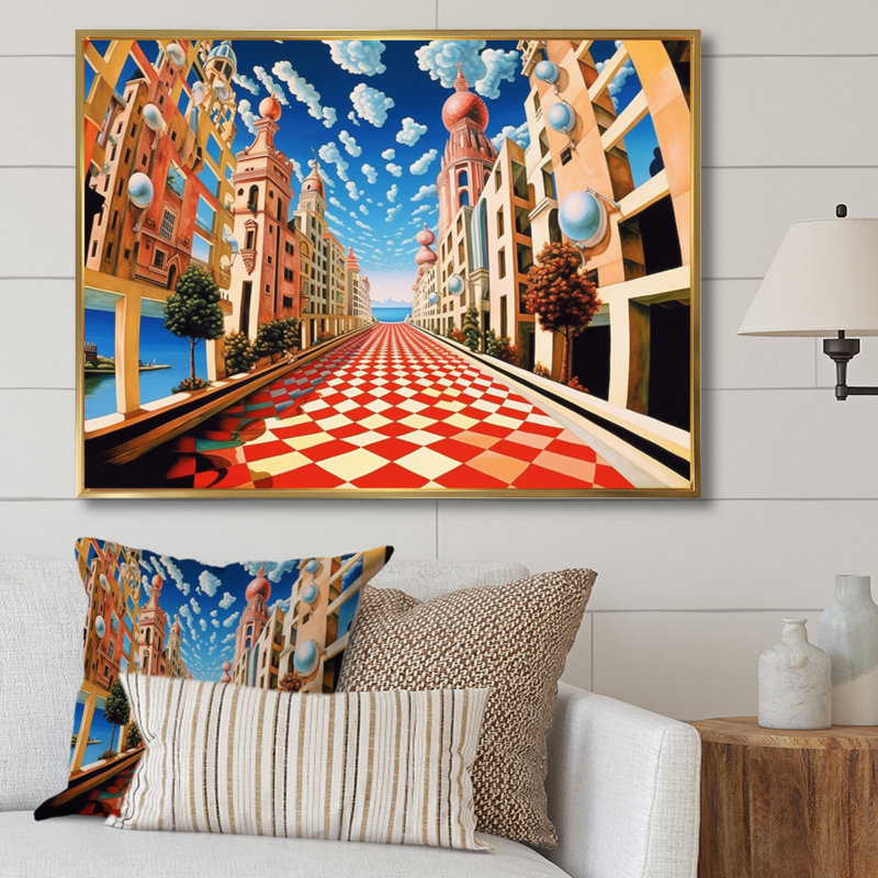 " Futuristic City ", 30" H x 40" W x 1.5" D, Gold Floater Framed