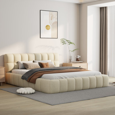 Katence Elegant Linen Queen Platform Bed with Upholstered Headboard and Solid Frame Stability