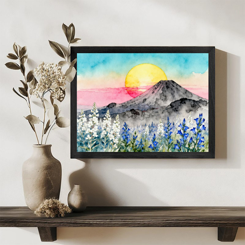 Reproduction d'art encadrée noire rétro de paysage primitif coloré, H 25 po x l 37 po