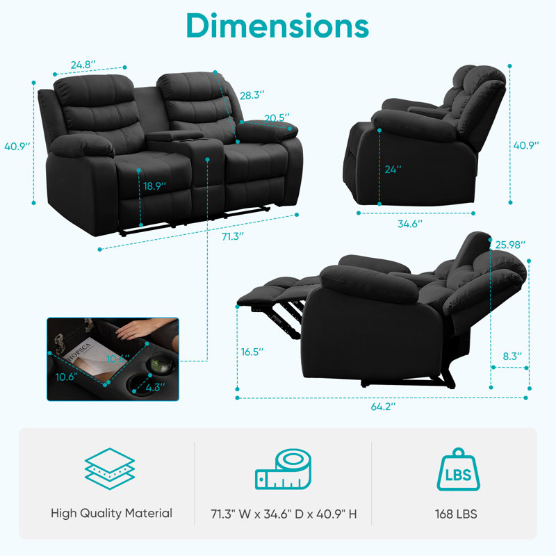 71" Manual Recliner Loveseat with Storage & Cup Holders, Gray