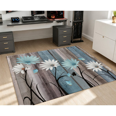 Tapis floral rétro bleu et blanc, motif de fleurs de grain de bois naturel, tapis antidérapant doux et durable lavable à la machine, décoration intérieure élégante pour le salon, la chambre à coucher, le vestibule, la cuisine, le balcon et l’appartement