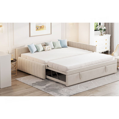 Full Size Upholstered L-Shaped Upholstered Daybed With Twin
Size Pop Up Trundle, Beige