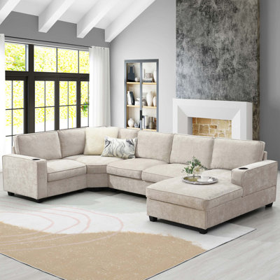 Canapé modulaire en forme de U de 119 po, ensemble de canapé de coin en chenille 6 places avec porte-gobelets, chaise longue surdimensionnée, coin irrégulier, siège profond et large, canapé confortable pour le salon et l’appartement