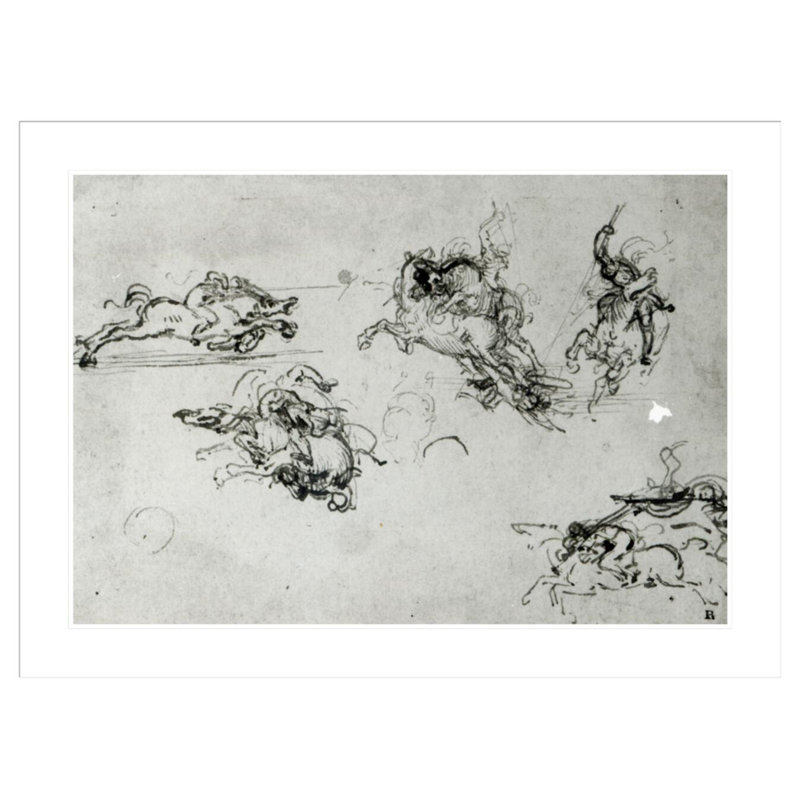 «Study of Horsemen in Combat» par Leonardo da Vinci - Estampe numérique encadrée, H 30,83 po x l 41,5 po