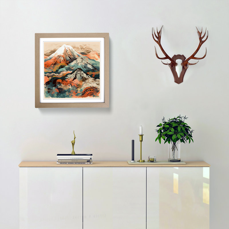Japanese Mountains Abstract Art - Framed Print, Oak