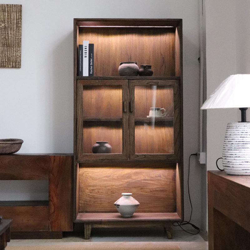 Vitrines en bois massif brun et verre trempé