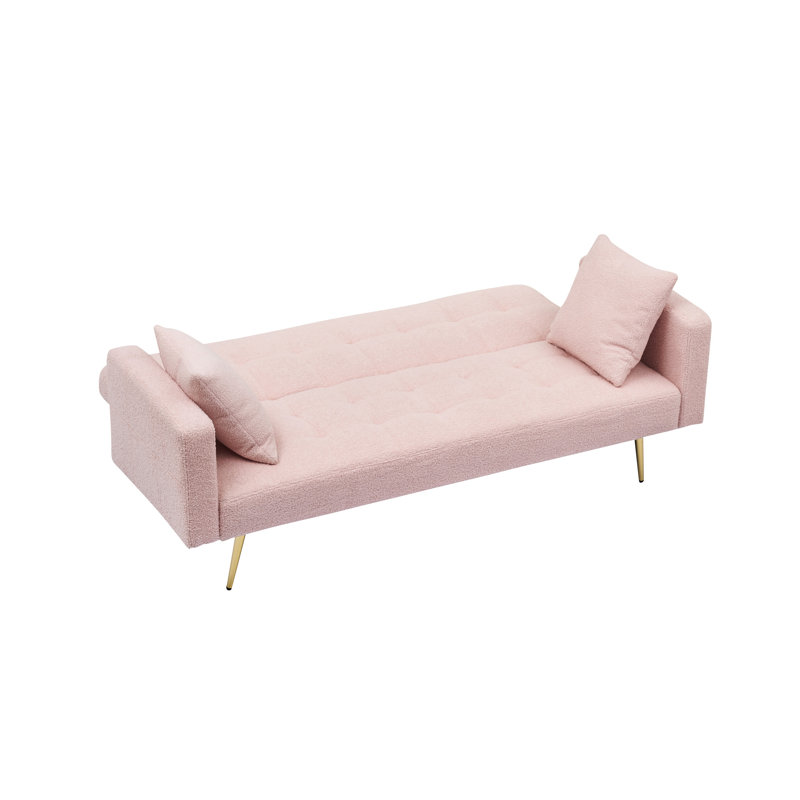 Lit en polaire rose de 182 cm (71,7 pouces) pour salon, 2 places, construction robuste avec cadre en bois massif, pieds en métal, deux coussins inclus, fonction assise et table basse, design moderne, jeté de canapé inclus