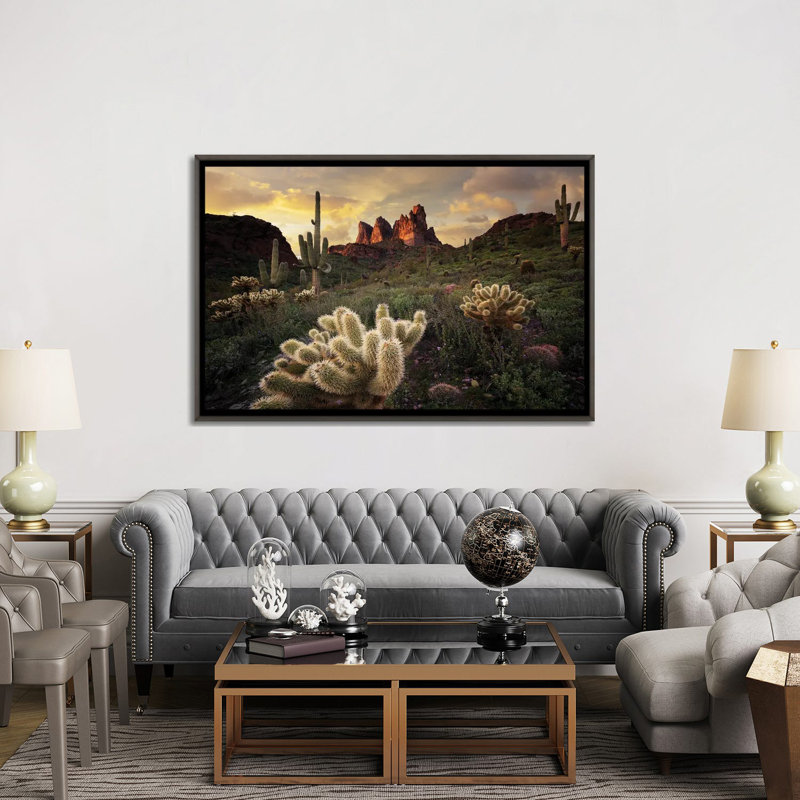 Arizona Desert Sunset, 40" H x 60" W x 1.5" D, Dark Rustic Wood Floater Framed Canvas
