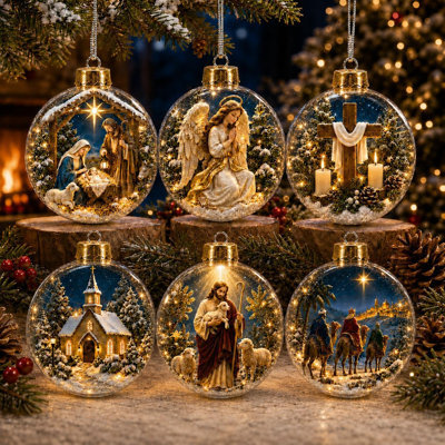 6-Pack Lighted Christian Christmas Ornaments, 3.15-Inch Religious Globe Ornaments with LED Lights for Christmas Tree Décor