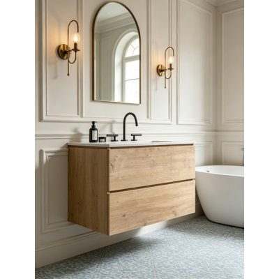Meuble-lavabo mural flottant avec lavabo en céramique et tiroirs à fermeture en douceur