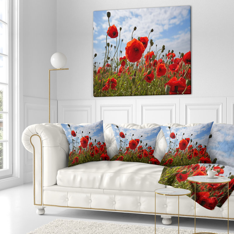 Photo de fleurs de pavot rouge vif - coussin à imprimé floral, 16 po x 1 po, Coussin décoratif
