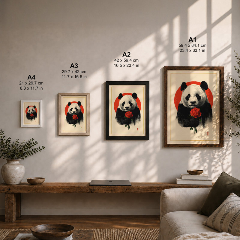 Panda With Rose Japandi - Print, Black, A4 - 29.7 x 21.0 cm