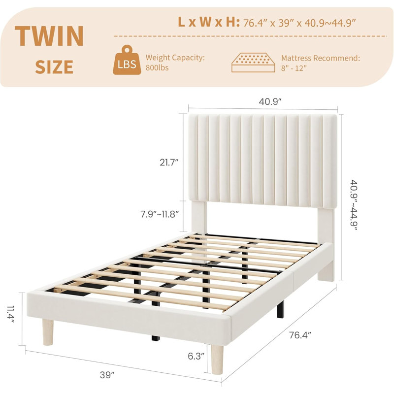 Velvet Upholstered Platform Bed with Adjustable Headboard and Wooden Slats, Twin Size/Beige