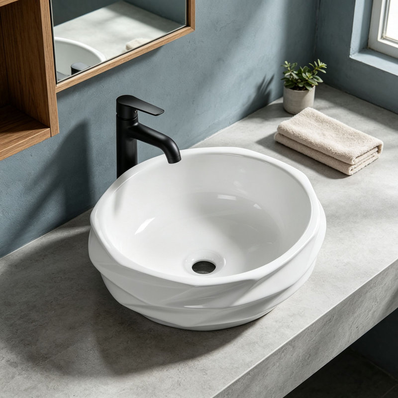 Topcraft 15.75 Inch White Round Diamond Pattern Ceramic Bathroom Sink