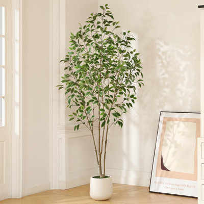 Faux arbre ficus Adcock avec pot de fleurs rond blanc, plante de ficus Greenry