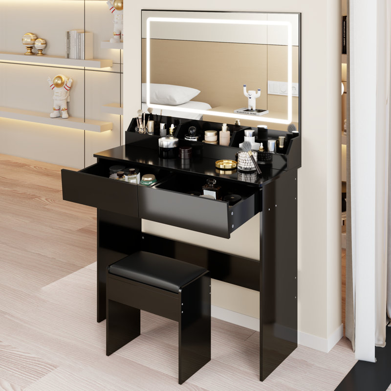 31" LED Mirror Vanity Table with Cushioned Stool, 3-Color Dimmable Lighting, Compact Black Makeup Desk