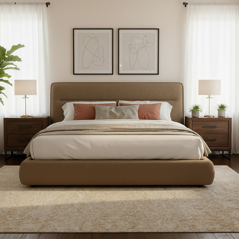 Micah Upholstered Platform Bed, King, Brown