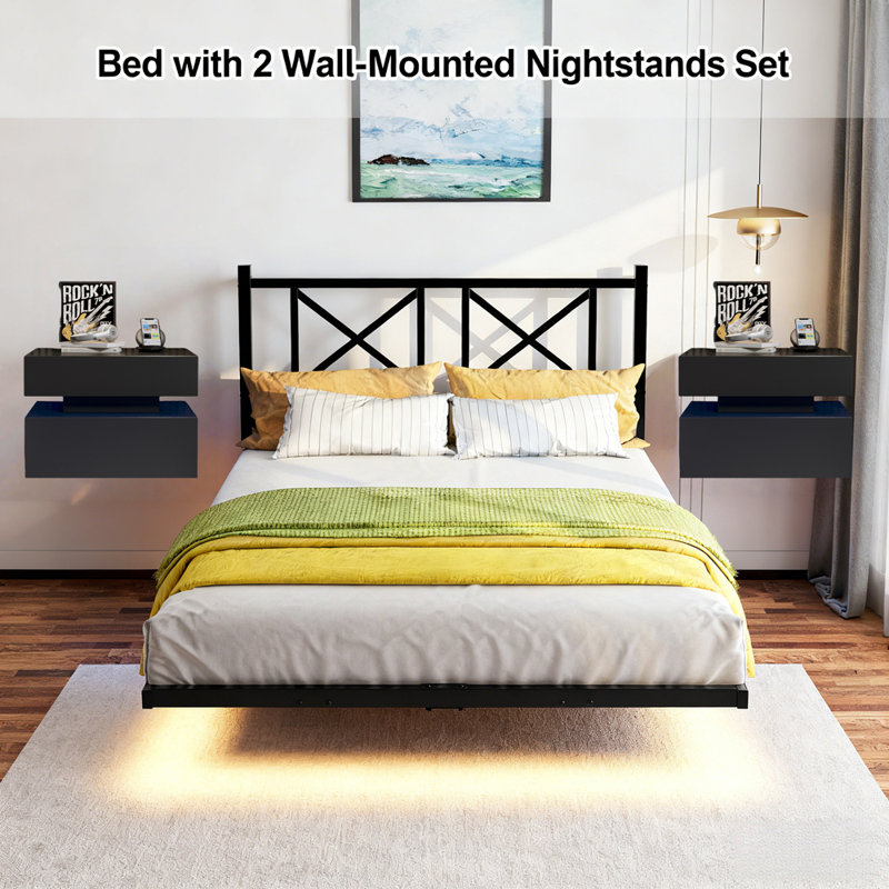 Ensembles de chambre à coucher 3 pièces, cadres de lit flottants en métal avec station de charge USB et lumières DEL et deux tables de chevet murales