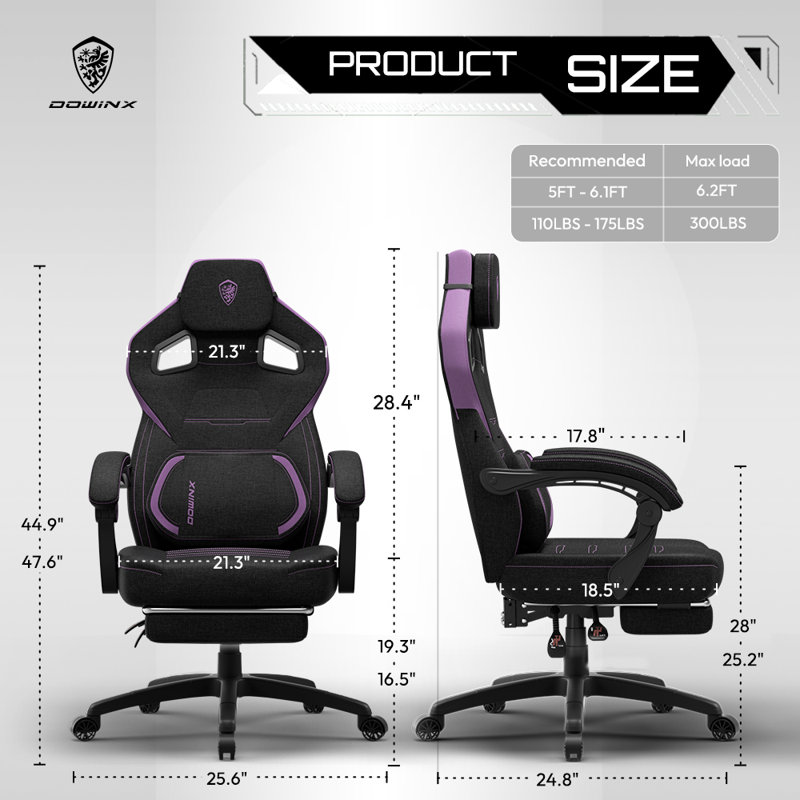Ergonomic Fabric Gaming Chair with Adjustable Footrest & Lumbar Massage - High-Back Computer Office Chair for Adults, 300 lb Weight Capacity, Purple
