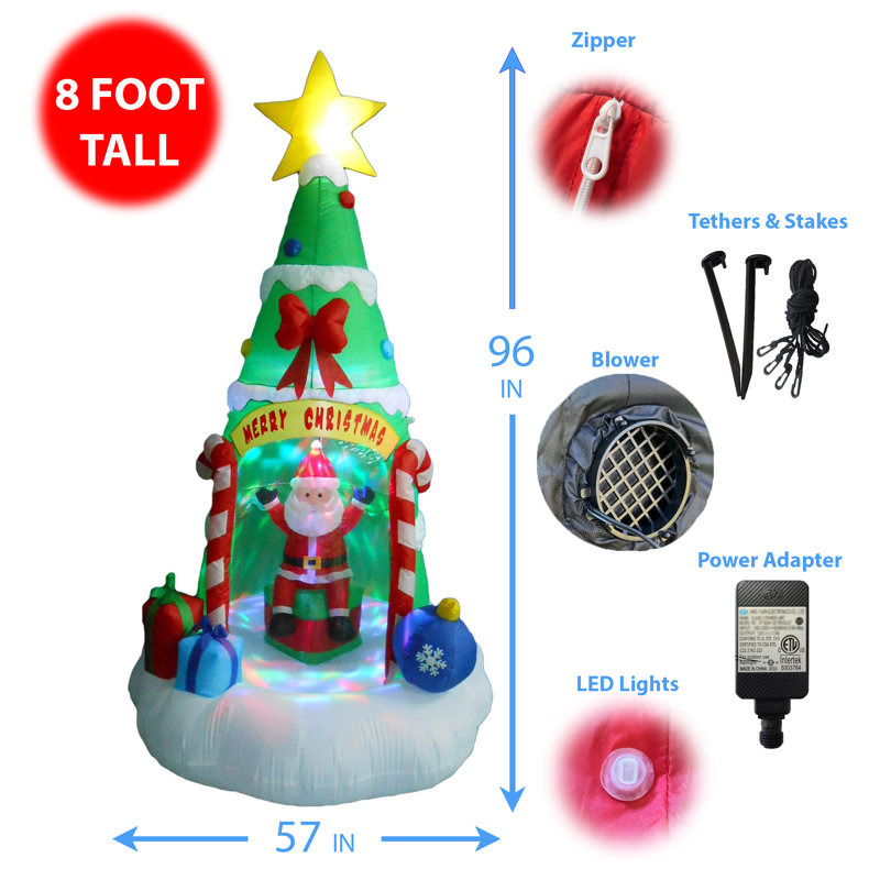 Arbre de Noël gonflable lumineux de 8 pieds de hauteur avec lumières de couleur père Noël pour l'intérieur et l'extérieur