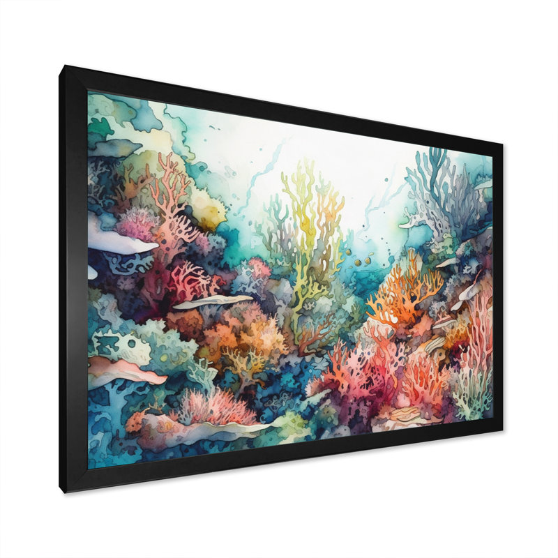 «Vibrant Coral Reef III - Modern Beach», art mural, Cadre noir, H 24 po x l 32 po x P 1 po