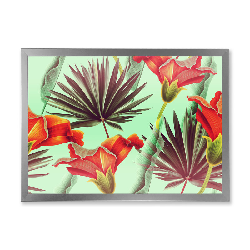 Fleurs tropicales rétro - impression sur toile, H 30 po x l 40 po x 1,5 po, Cadre photo argenté