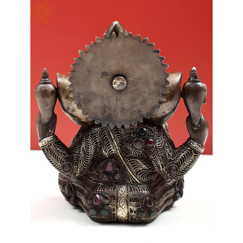 Statue de 9 po en laiton Bhagwan Ganesha avec travail en filigrane complexe - Idole de dieu indou fabriqué à la main