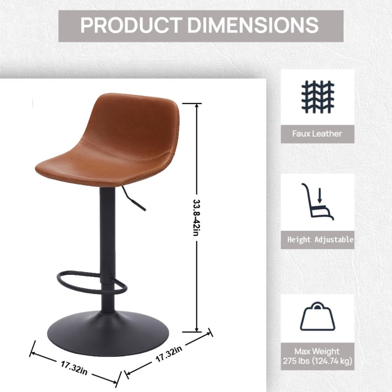 Swivel Leather Adjustable Height Bar & Counter Stool with Metal Frame, Brown