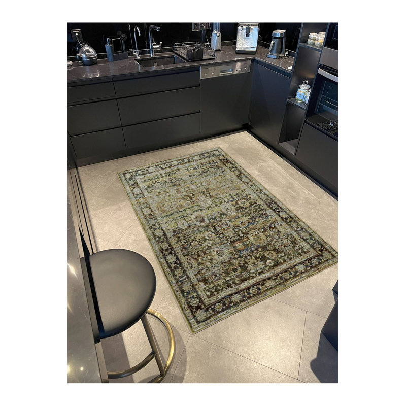 Tapis vert tissé à motif géométrique traditionnel, Tapis de couloir 3 pi 3 po x 9 pi 10 po