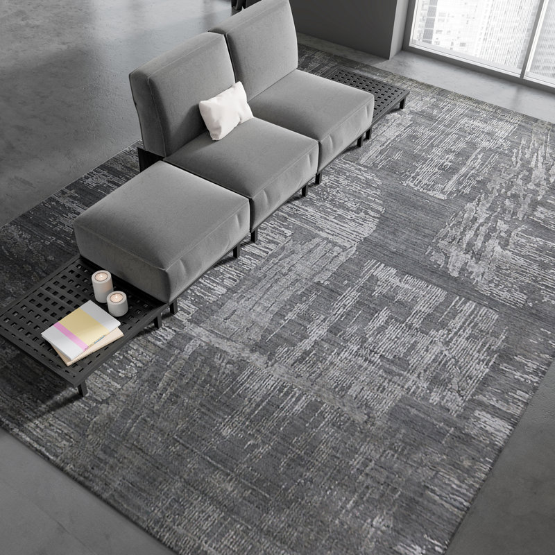 Tapis gris / blanc noué à la main de haute qualité, Rectangle 9 pi x 12 pi
