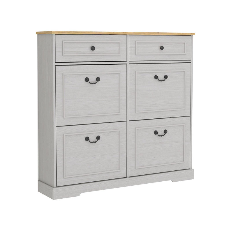 Range-chaussures avec 2 tiroirs, 4 tiroirs rabattables, range-chaussures autoportant avec tablette réglable, range-chaussures pour vestibule, vestibule, range-chaussures mince - blanc antique