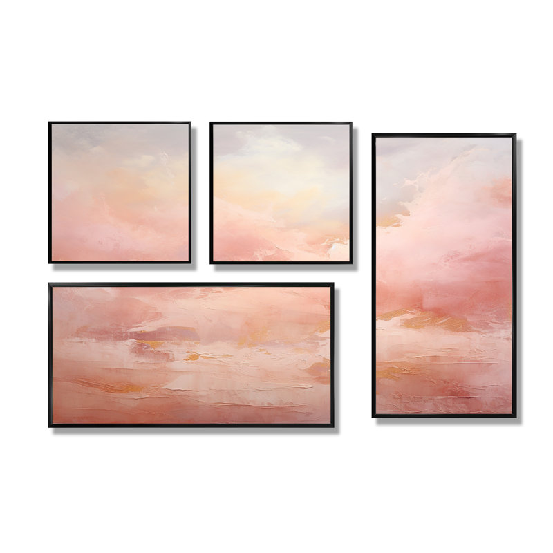 Palette rose nuage horizon - art mural moderne blanc 4 pièces, Impression encadrée sans passe-partout, Noir