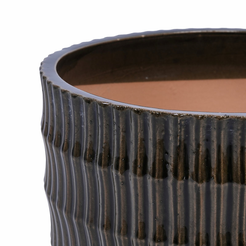 Set of 3 Fluted Ceramic Flowerpot, Modern Planter for Patio, Garden, Windowsill, Dark Coffee