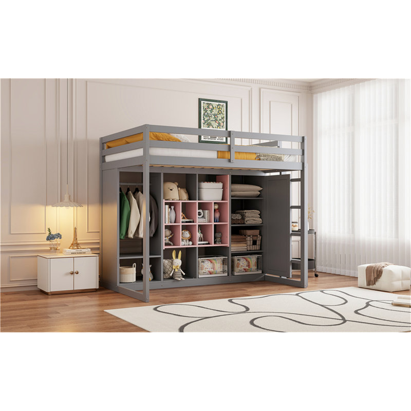 Wood Loft Bed With Wardrobe, Pink/Gray, Twin