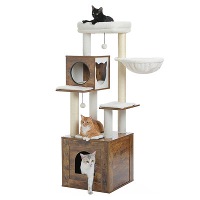 Arbre à chat avec grand bac à litière, tour à chat en bois pour chats d'intérieur avec armoire de rangement et condo confortable pour chat, poteau à griffes recouvert de sisal et boules suspendues remplaçables