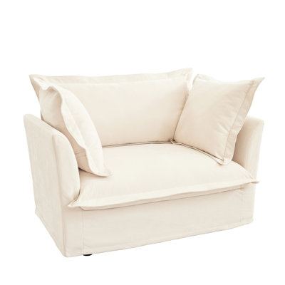 Armchair With Chenille Cover. Deep Seat In Cream. Big Pillow For Support Cushions. Luxury Relaxation