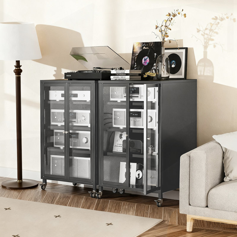 Armoire de rangement haute 35,8 po avec roulettes, meuble télé AV, 4 tablettes réglables en verre, structure en acier robuste, assemblage facile