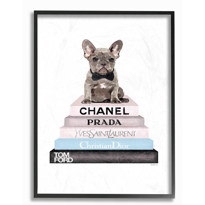 «Boden Bookstack with Gray Frenchie Puppy», reproduction, H 30 po x l 24 po x P 1,5 po, Giclée encadrée noir minuit