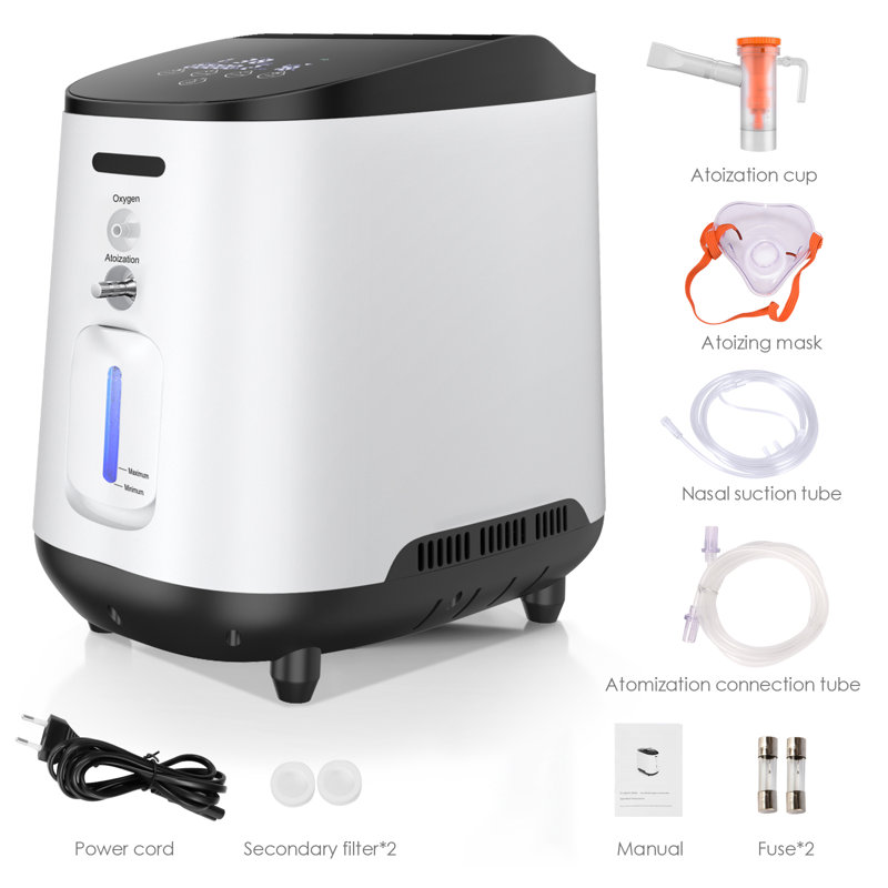 Concentrateur d'oxygène à débit réglable, minuterie pour les soins quotidiens, équipement d'oxygène portable blanc avec accessoires complets