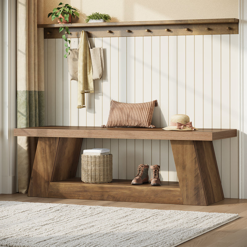 Banc de hall d'entrée en bois 63 "avec tablette de rangement 63", Brun