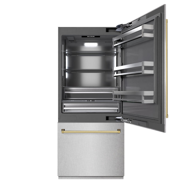ZLINE Autograph Edition 36 in. 19.8 cu. ft. Built-In Bottom Freezer Refrigerator with Water Dispenser and Ice Maker in Black Stainless Steel with Graphite Gray Interior and Accents