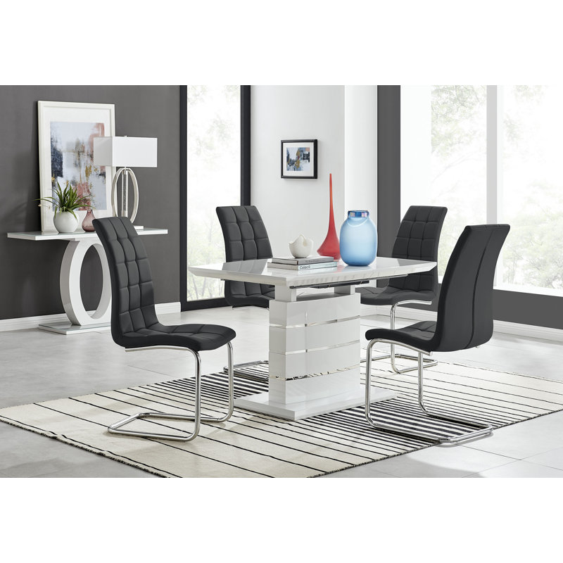 Everson High Gloss 4 Seat Extendable Dining Set with Luxury Faux Leather Upholstered Dining Chairs, Black