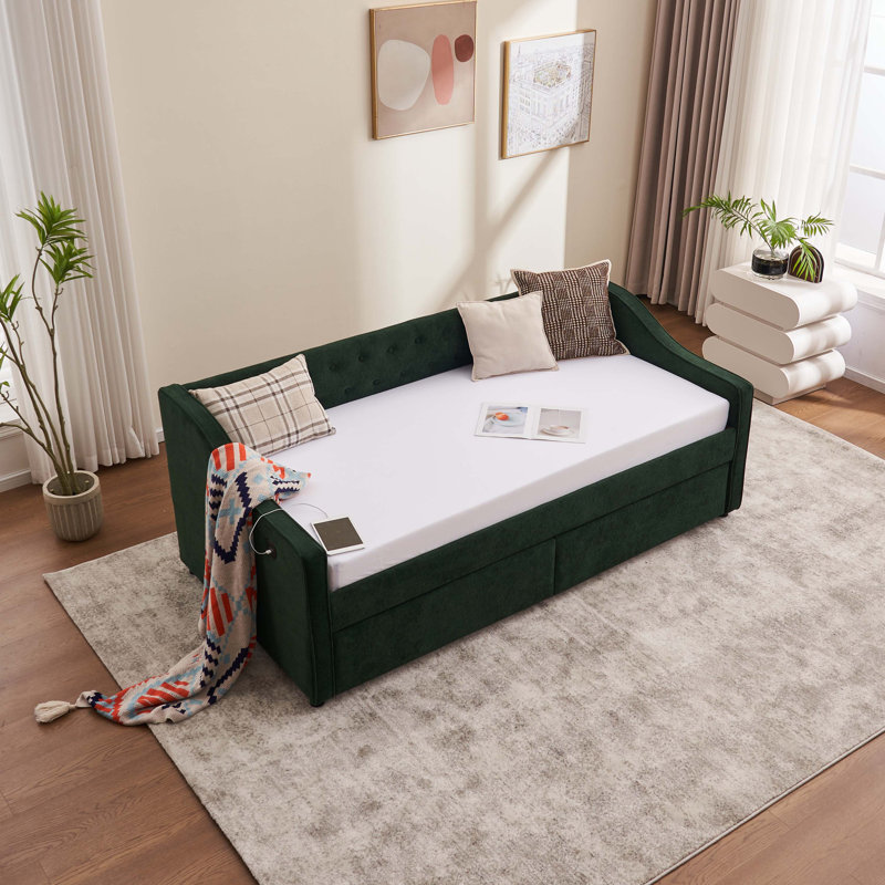 Elegant Upholstered Daybed With Storage Drawer And Wood Slat Support, Emerald