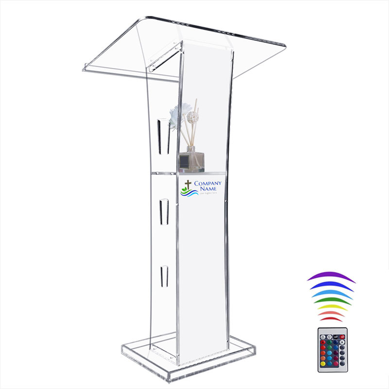 Support en acrylique de 43 po avec éclairage réglable de 15 couleurs, pupitre moderne avec tablette de rangement pour les églises, les salles de classe, les réunions et les mariages (23,62 po x 15,75 po x 43,3 po)