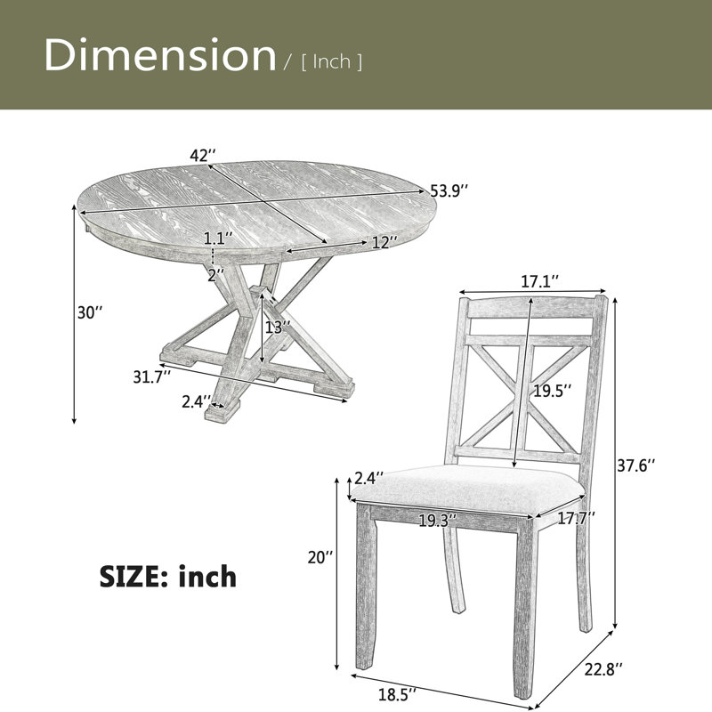 Ensemble de table de salle à manger 5 pièces avec table à rallonge et 4 chaises rembourrées, Beige, Brun, Blanc antique